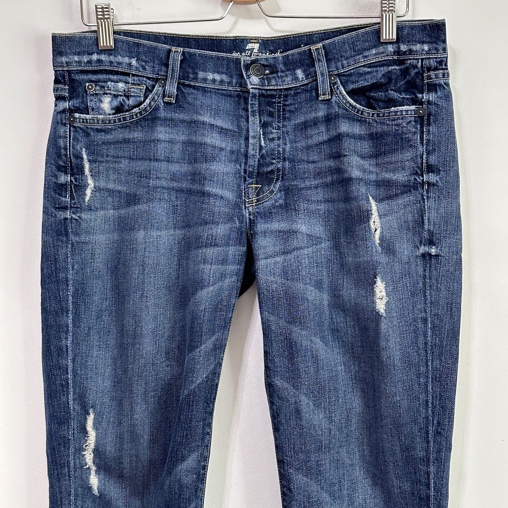 7FAMK Josefina Button Fly Jeans 28 Skinny Boyfriend Blue Distressed Mid Rise - Picture 3 of 9